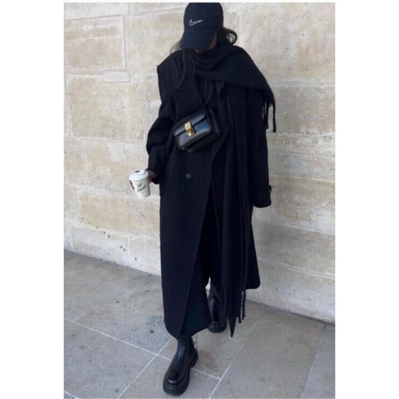 ZARA Double Faced Black Wool Blend Double Breasted Long Oversized Coat - Picture 11 of 13